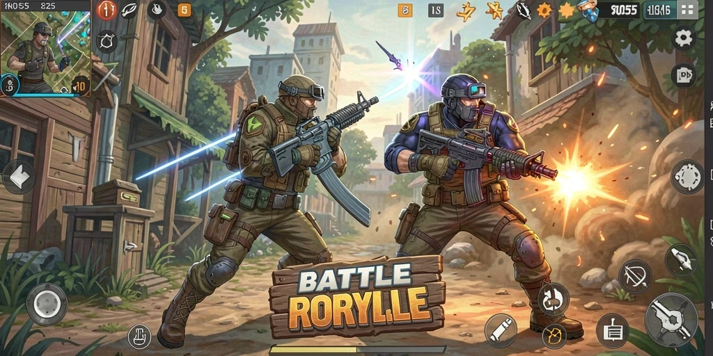 Tangkapan layar gameplay intens dari 8055 saat pertarungan Battle Royale.