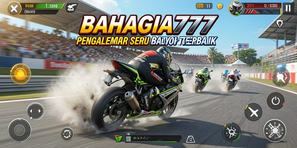 Tangkapan layar <strong>BAHAGIA777</strong> menampilkan aksi balap motor yang mendebarkan dengan latar belakang yang dinamis.