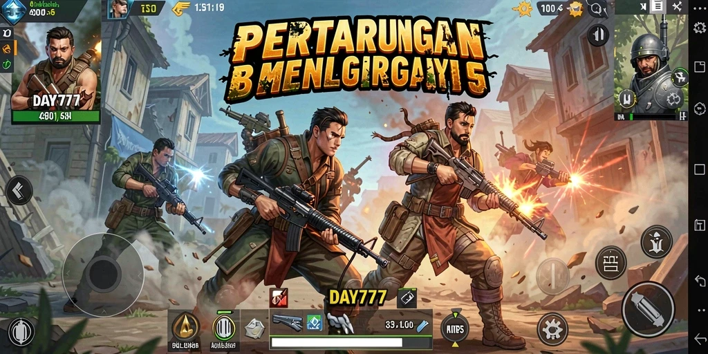 Tampilan gameplay DAY777 dalam pertarungan Battle Royale yang intens.