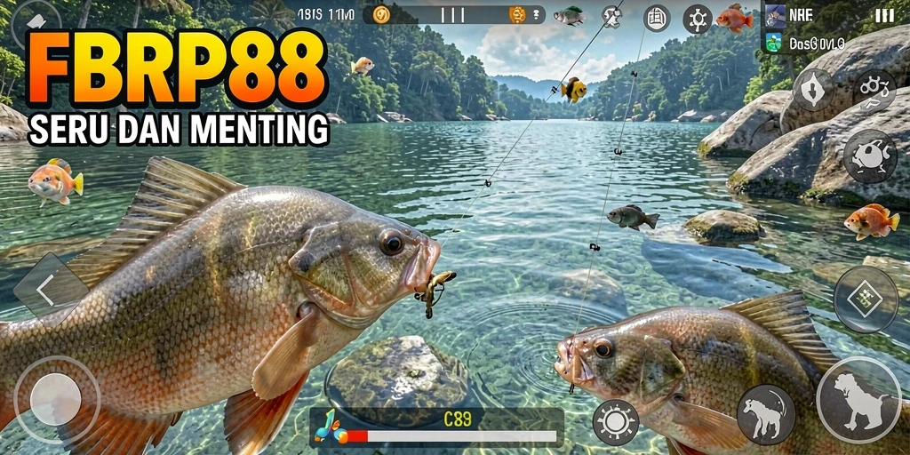 Screenshot menunjukkan pemain menangkap ikan besar di FBRP88.