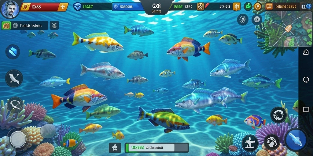 Gameplay GX88 menampilkan aksi seru menembak ikan di lautan biru.