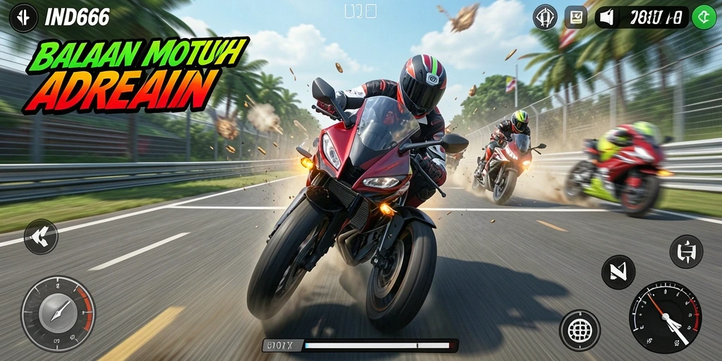 Screenshot IND666 menampilkan aksi balapan motor yang mendebarkan.