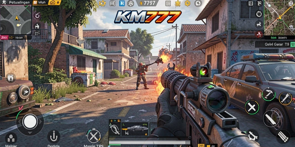Tangkapan layar gameplay KM777 yang menampilkan aksi pertempuran intens di TPS.