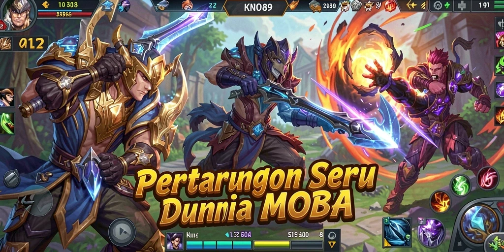 Tampilan gameplay intens KNO89 dengan aksi seru dari karakter MOBA.