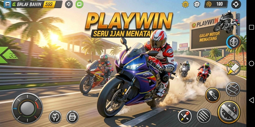 Screenshot utama PLAYWIN dengan tampilan balapan motor yang mendebarkan.