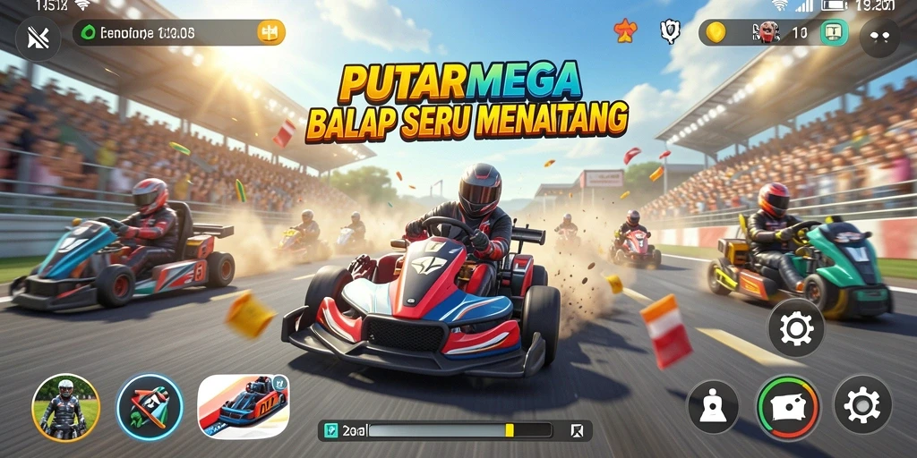 Screenshot utama PUTARMEGA menampilkan aksi balap mendebarkan di trek yang dirancang dengan indah.