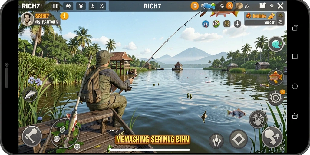 Tampilan gameplay RICH7 yang menawan saat memancing di laut.