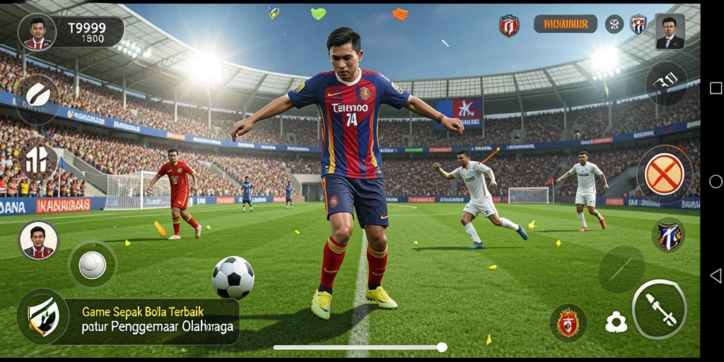 Screenshot gameplay T9999 menampilkan aksi seru di lapangan sepak bola.