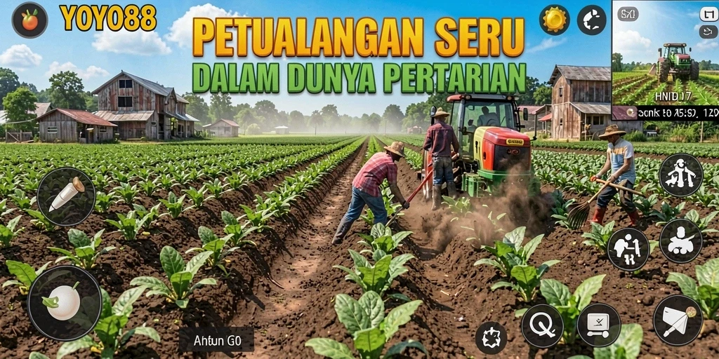 Screenshot gameplay menunjukkan petualangan seru di ladang pertanian.